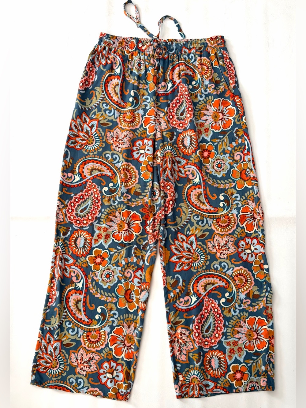 CeCe Pants Floral Paisley Wide Leg Women’s Blue Boho Drawstring Relaxed Medium - Picture 2 of 11